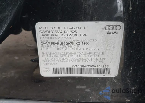 2011 Audi Q5 3.2 Premium Plus из США, поврежденный, VIN WA1DKAFP0BA101228